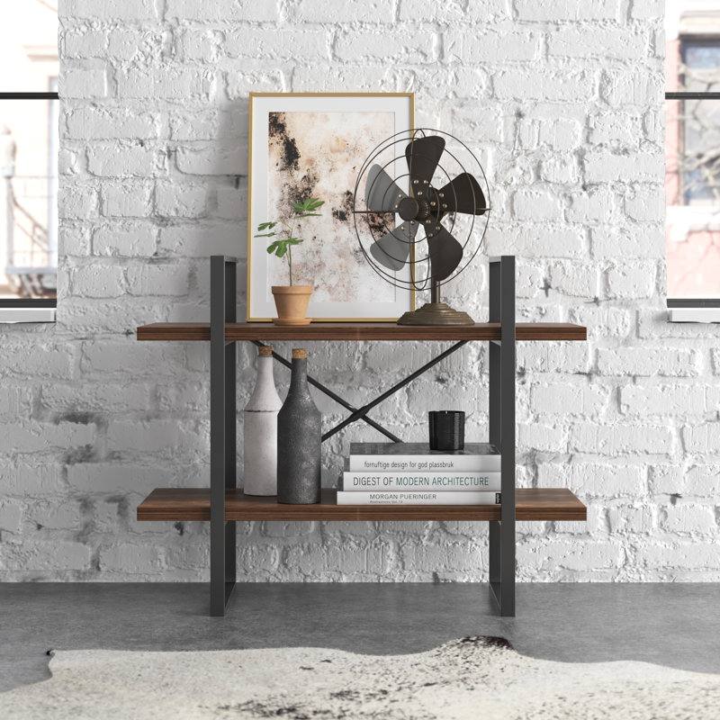 Adjustable Brown Wood Ladder Bookcase with Industrial Metal Frame