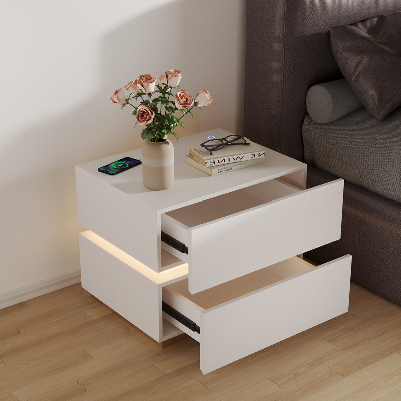 Modern Nightstand With 2 Drawers, LED Lighting & Wireless Charging, White