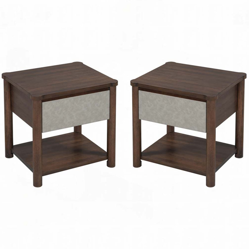 Table de chevet en bois Farmhouse, Gris clair / noyer