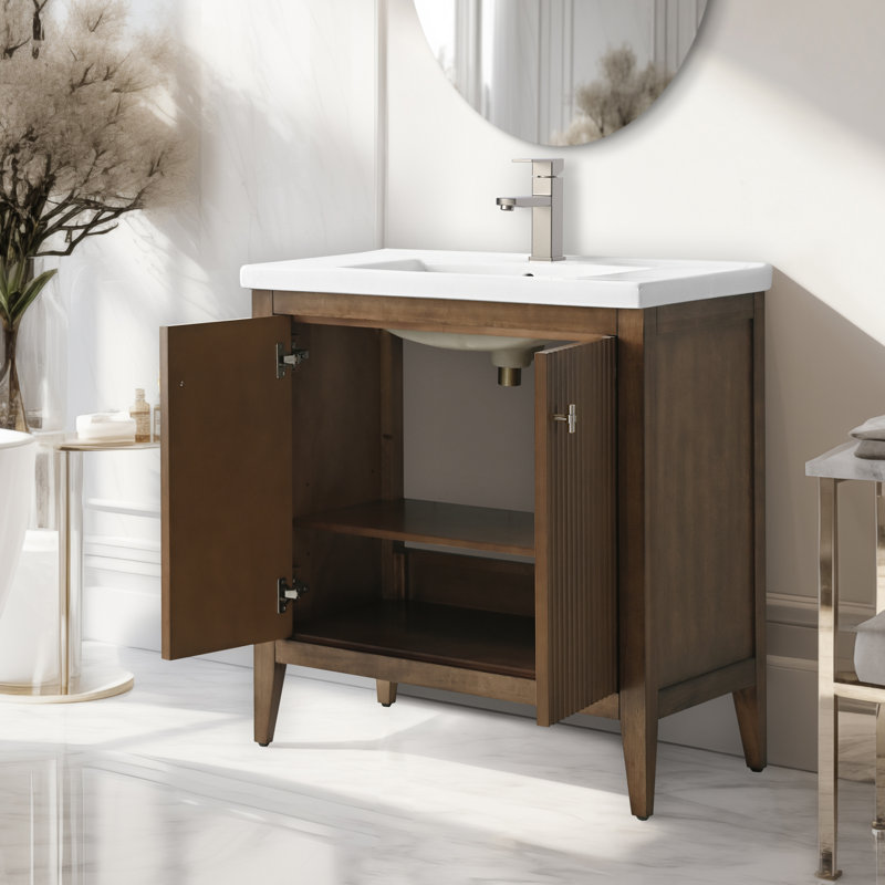 Laval 30" Single Sink Freestanding Bathroom Vanity with White Ceramic Top, Linear Walnut, Brushed Nickel, 30"