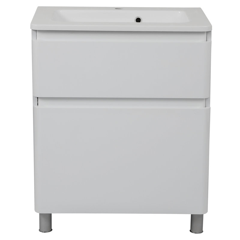 27.3'' Single Bathroom Vanity with Ceramic Top with Mirror, White High Gloss