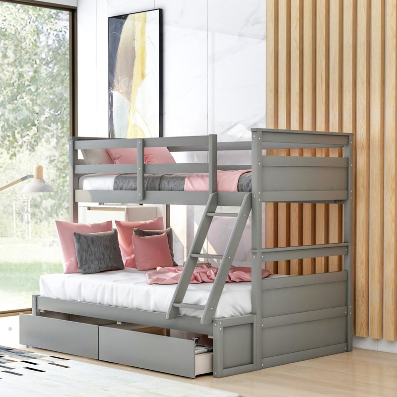 Greabe Kids Twin Over Full Bunk Bed with Drawers, Grey
