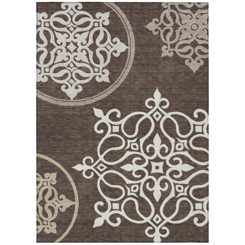 Tapis intérieur / extérieur lavable à motif de médaillon floral beige et ivoire 3 pi x 5 pi
