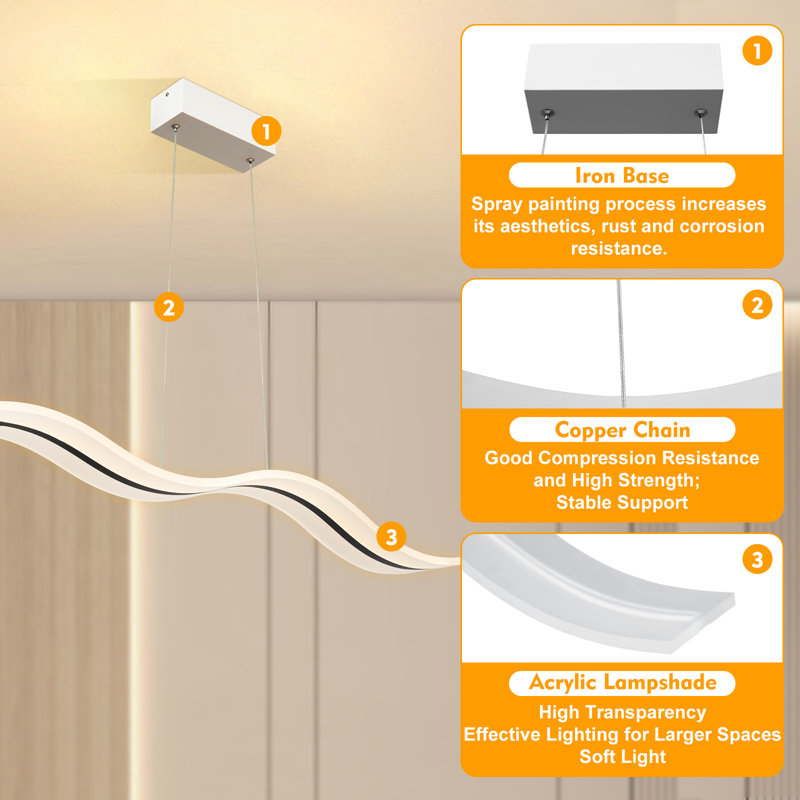 Lovice Modern LED Dimmable Pendant Light with Remote, Wavy Acrylic Chandelier
