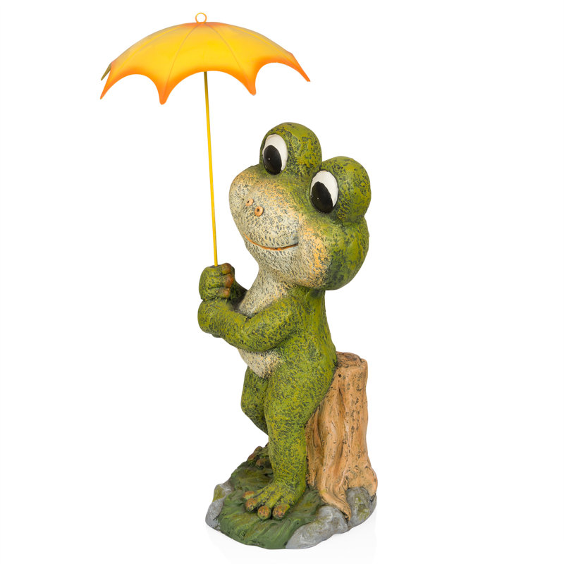 Green Frog Garden Statue with Yellow Umbrella, 23"