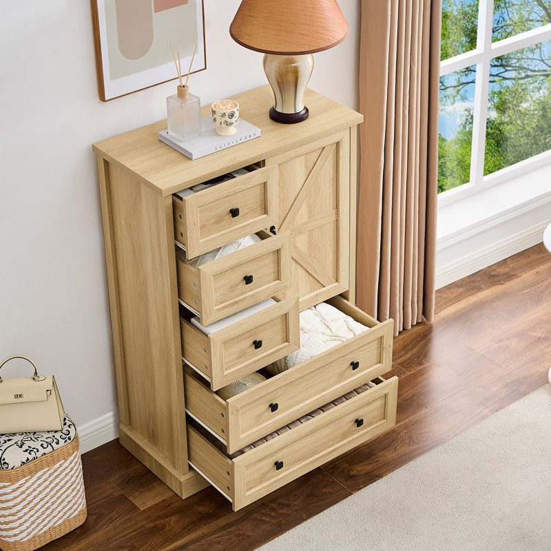 Commode de chambre à coucher à 5 tiroirs H 47,2 po avec porte Farmhouse, Natural