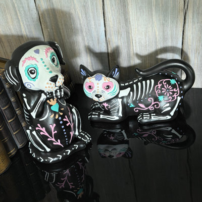 Gothic Day of the Dead cat and dog skeleton figurine set in glossy resin, 8.75 inches high
