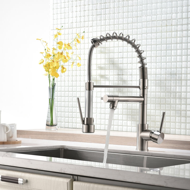 Single Handle Pull Down Kitchen Faucet In Brushed Nickel, 360-Degree Rotation, Stable Structure Commercial With Spray, Rotation Option