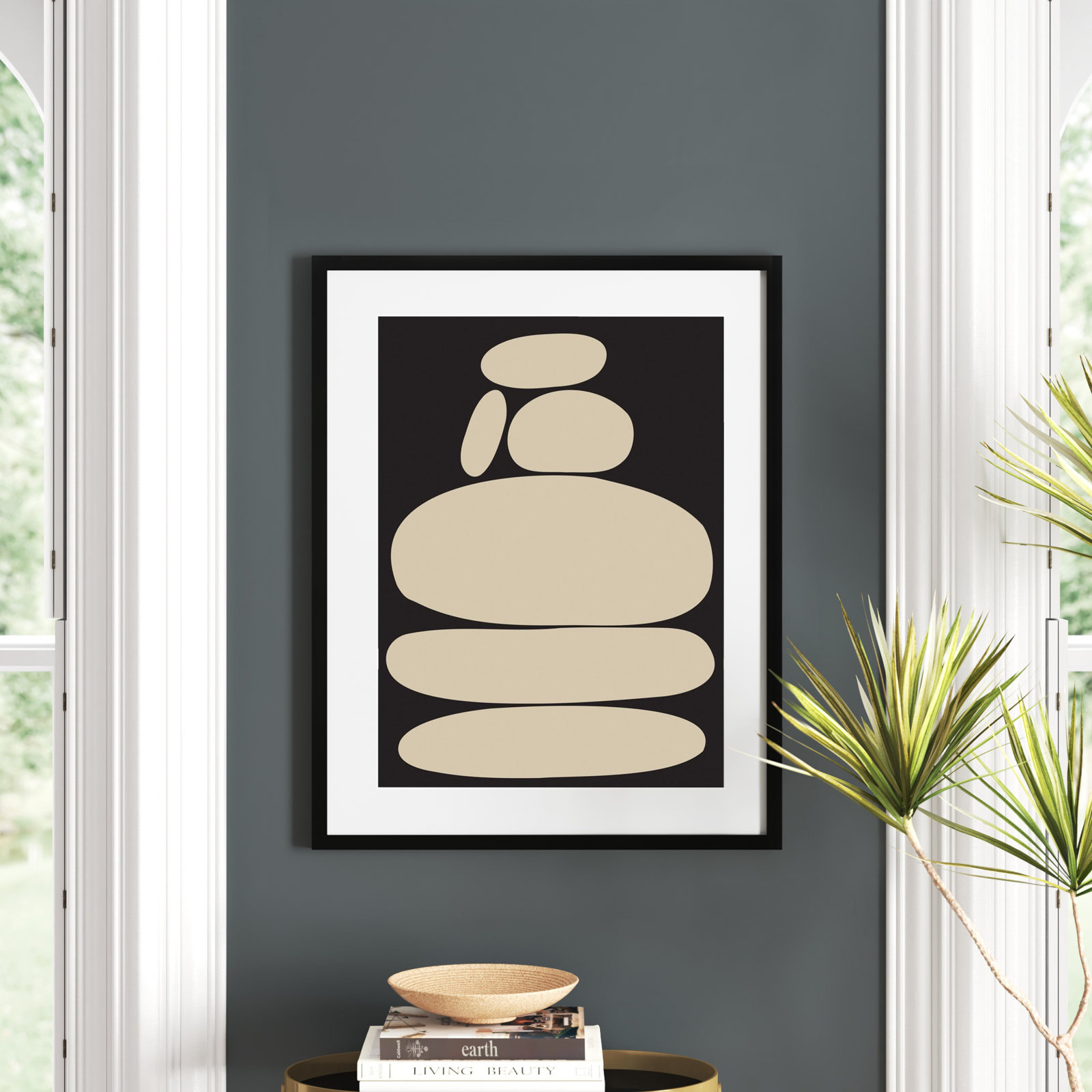 Zen River Rocks Black and Tan Print, Black Framed, 33" H x 25" W