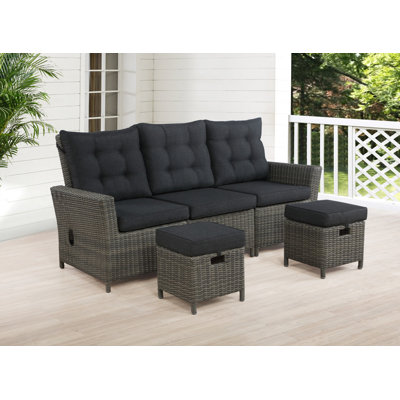 Asti All-Weather Wicker 3-Piece Outdoor Seating Set with Reclining Sofa and Two 15" Ottomans