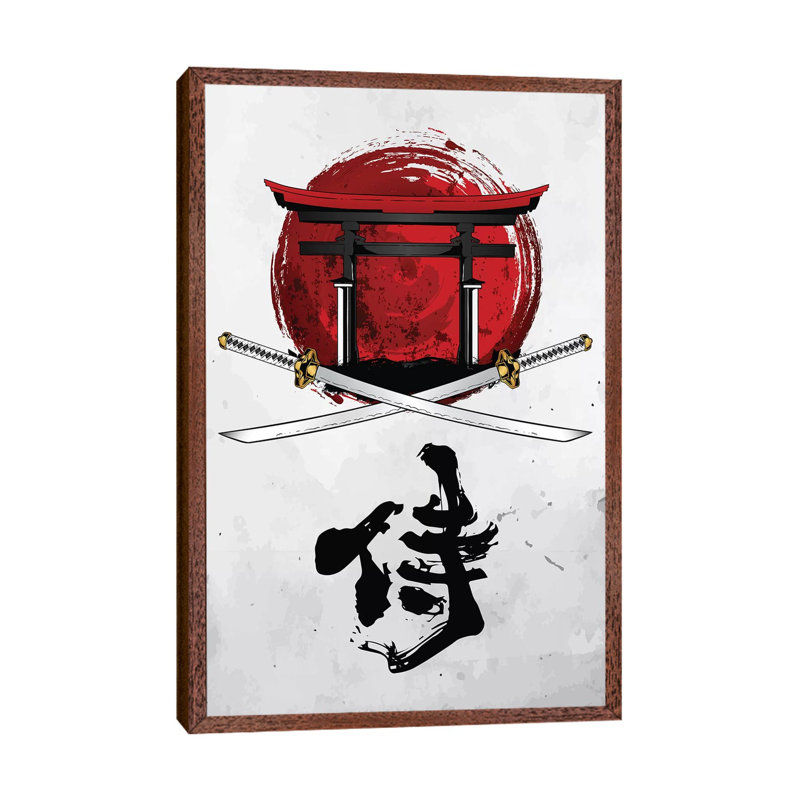 Samurai Katana with Tori Gate 1 Piece Wall Art on Canvas, 101.6 cm H x 66.04 cm W, Classic Brown Wood Framed