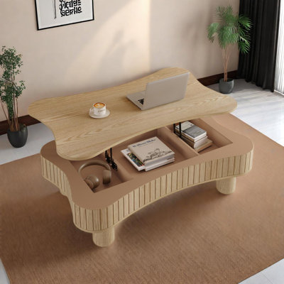 Table basse relevable avec système hydraulique, rangement caché