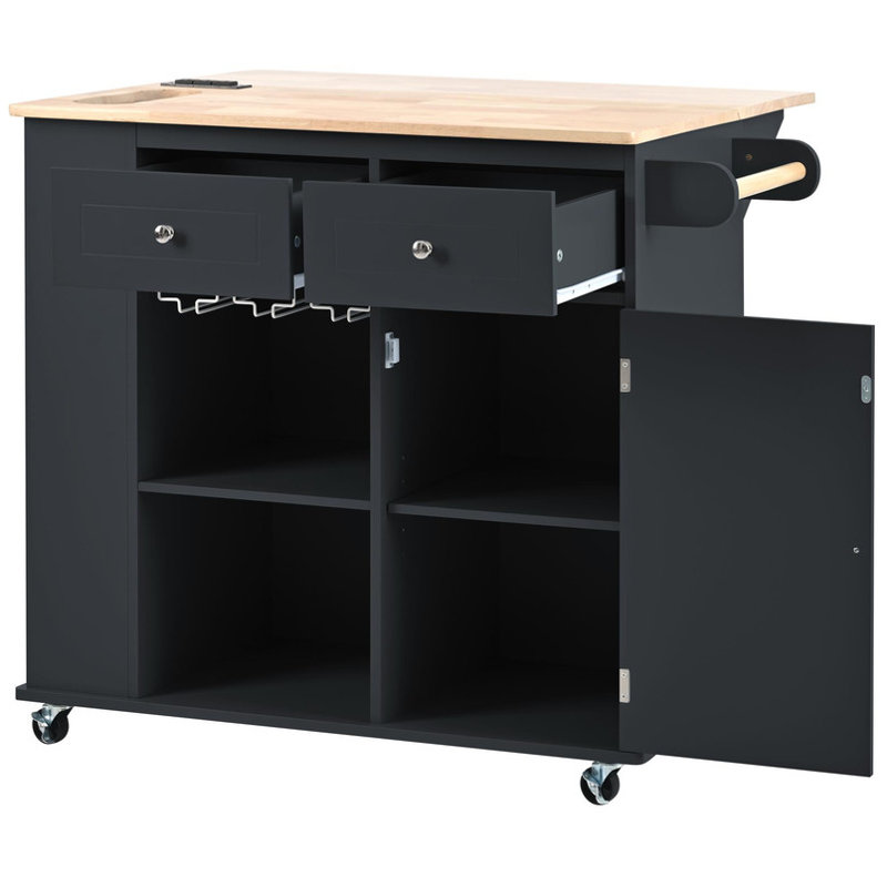 Kitchen Island with Power Outlet and Drop Leaf, Mobile Cart with 5 Wheels, Solid Rubber Wood Storage Organizer with Wine Rack and Open Shelves for Kitchen, Dining Room, and Home Use