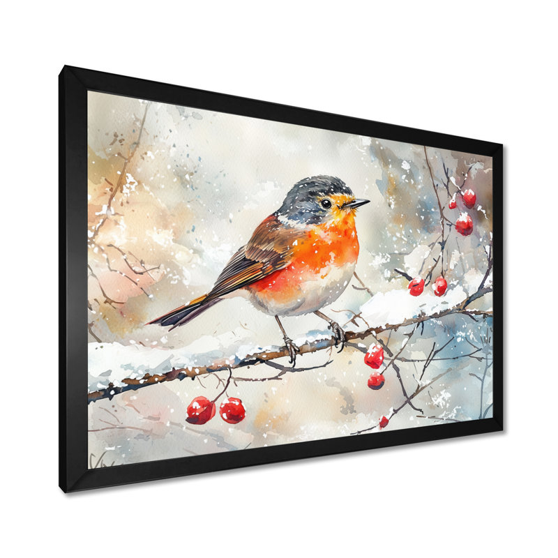 Oiseau Robin sur une branche enneigée II - oiseau, art mural, H 34 po x l 44 po, Picture Framed, Noir
