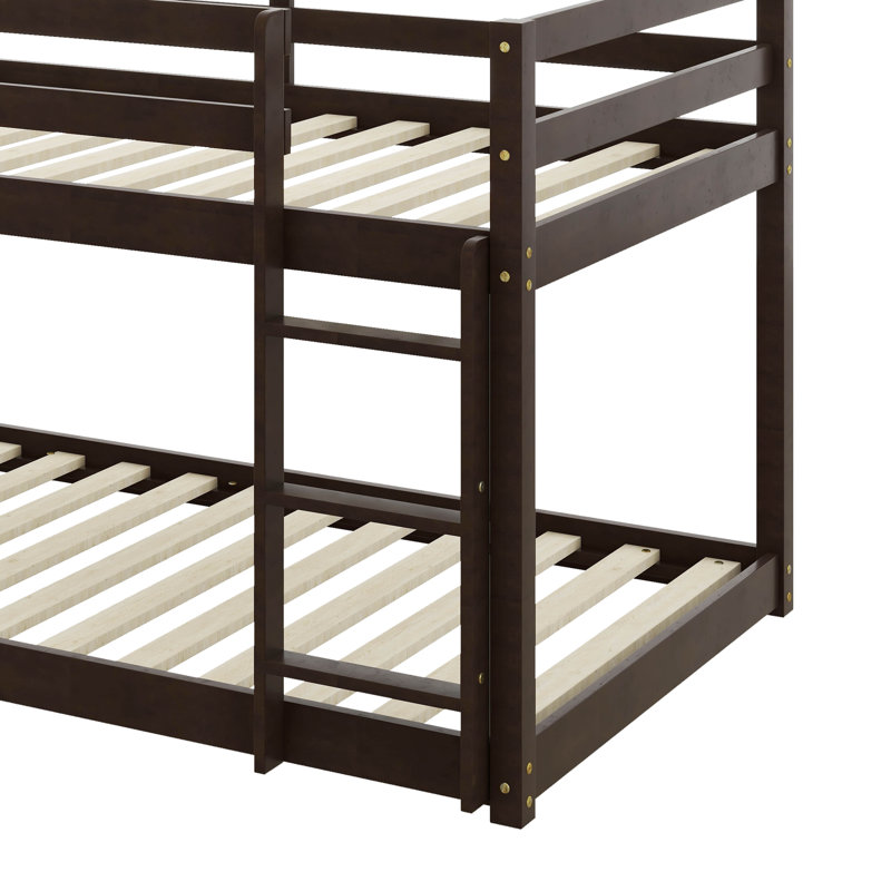 Rubber Wood Twin On Twin Ground Bunk Bed Equipped With Ladder, Espresso