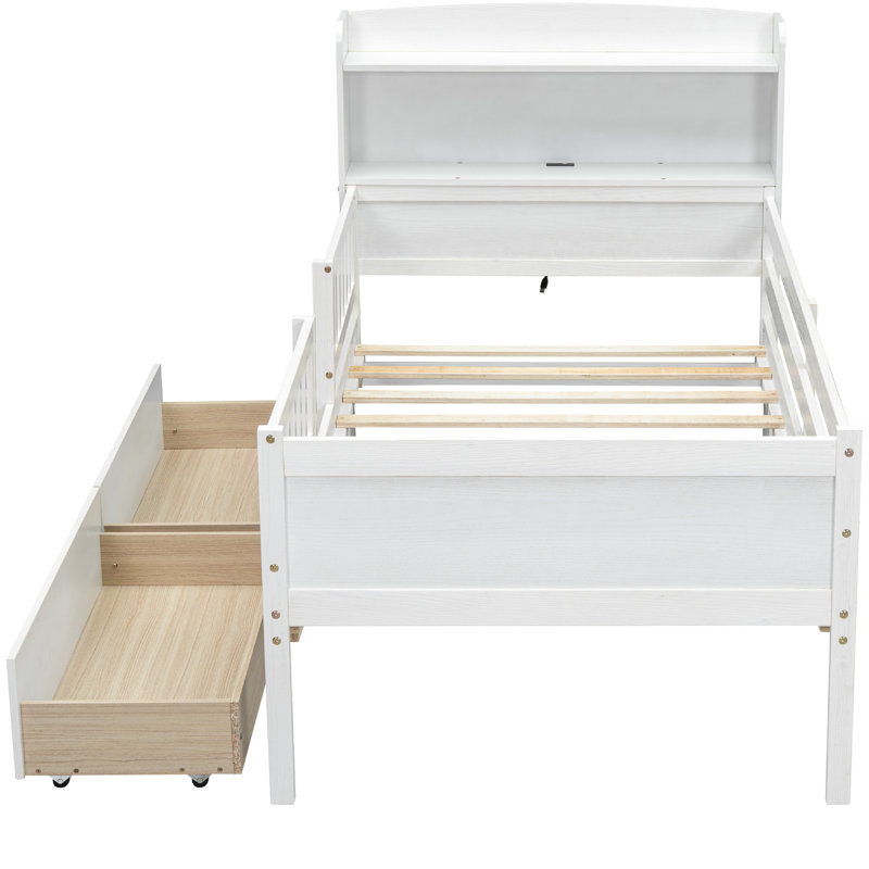 Lit plateforme simple en bois avec tête de lit à DEL, tête de lit fonctionnelle, tête de lit multifonctionnelle et 2 tablettes à tiroirs en finition blanche avec garde-corps intégrés
