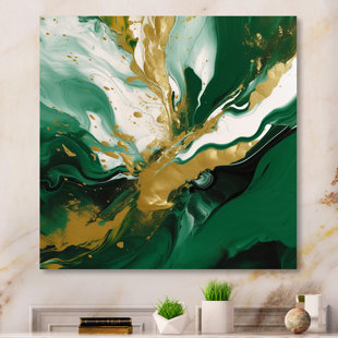 Gold fish - abstract wall pano , acrylic green and gold painting