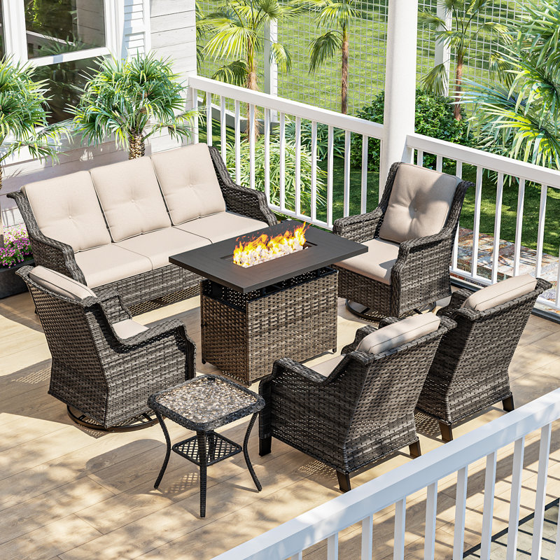 Ensemble de conversation pour 7 personnes avec foyer et coussins, Beige