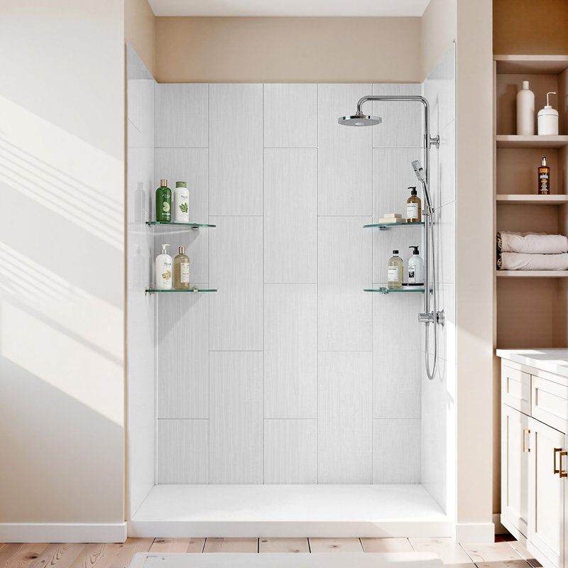 Shower Wall Panels, 60" W x 36" D x 75" H, 0.14" (3.5 mm) Thick, 3-Panel Waterproof SMC Shower Surround Kit, Quick Install and Trimmable Bathroom Tub Wall Panel Surround Kit with 4 Glass Shelves