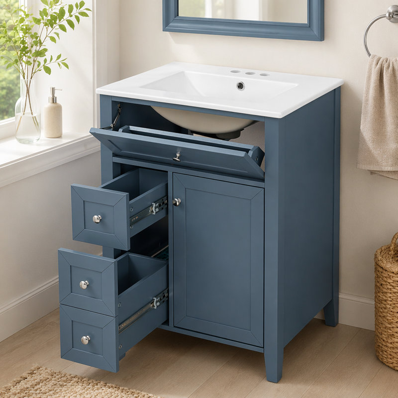 Meuble-lavabo 24 po avec lavabo, lavabo en céramique, armoire de salle de bain avec 1 tiroir coulissant et 2 tiroirs de rangement coulissants