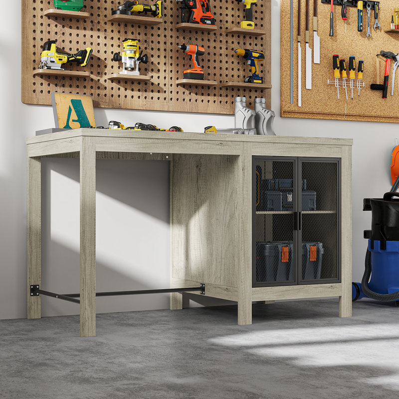 Oak-Finish Garage Work Bench With Mesh Cabinet Door And Adjustable Shelf