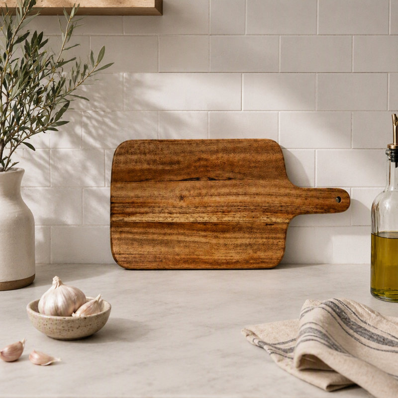 Planche à découper en bois d'acacia avec poignée, planche de cuisine et de service polyvalente pour un usage quotidien et pour recevoir.