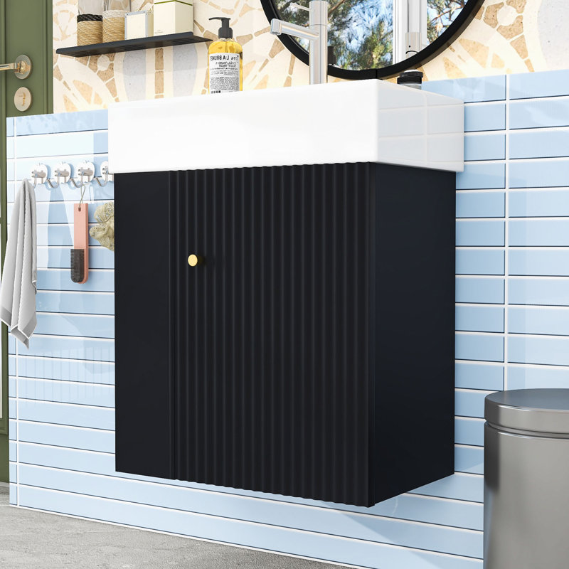 Meuble-lavabo flottant moderne avec lavabo en céramique, Noir, noir, noir, noir