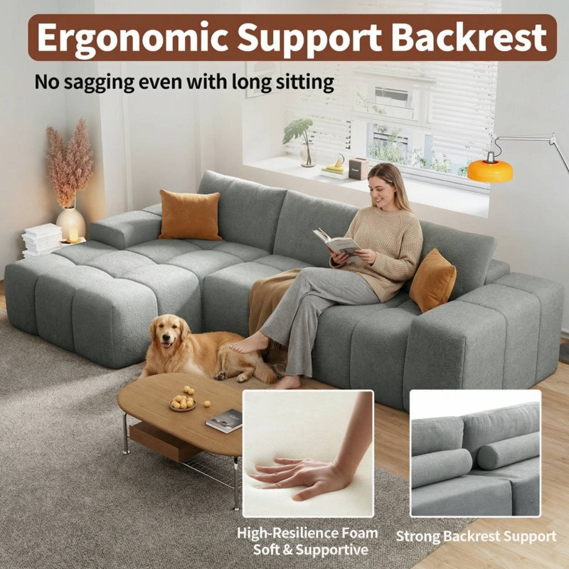 114" Composable Modular Sofa,Oversized Chenille Comfy Cloud Couches Set with Memory Foam Filled for Living Room,L-Shaped Boneless Sofas No Assembly(3 Seater with 1 Chaise)