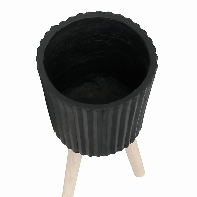 S/2 10/12" RIDGED PLANTER W/ WOOD LEGS, BLACK (KD)