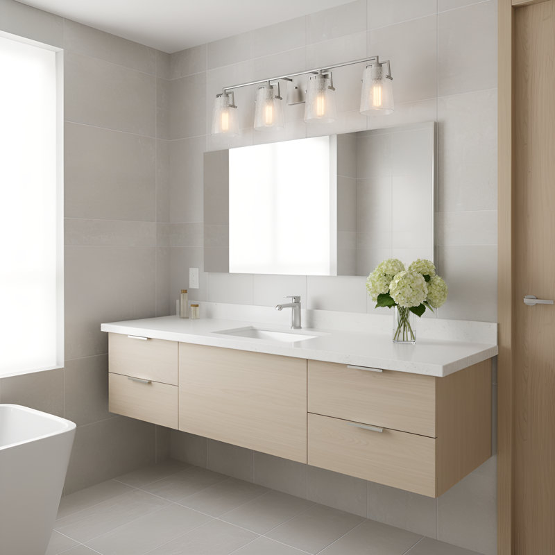 Applique murale de salle de bain 4 lumières Crofton au fini nickel brossé avec abat-jour en verre transparent craquelé