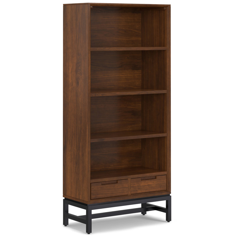 Banting 66"H Solid Walnut Veneer and Metal Industrial Bookshelf with Open Shelves and Metal Frame, Walnut Veneer