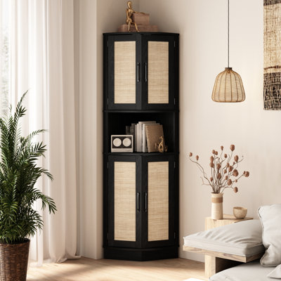 Ciauna 64.7''H Corner Cabinet with Rattan Doors, Black