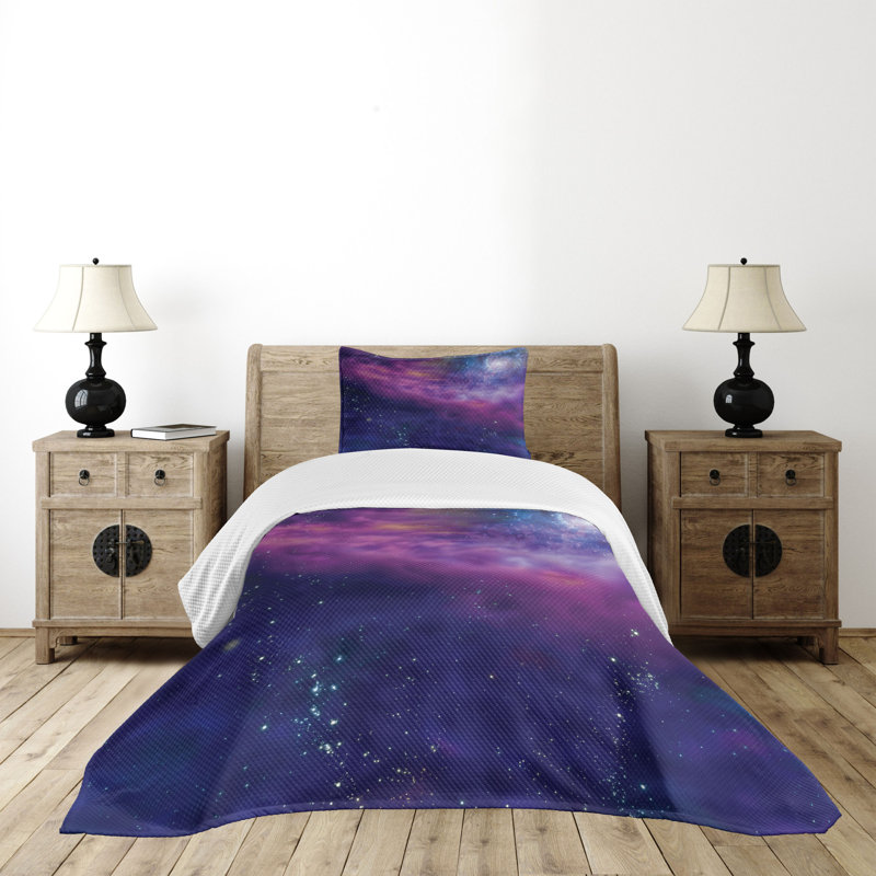 Ambesonne Outer Space Bedspread Set Galaxy Nebula Star Purple Blue, Twin Coverlet / Bedspread + 1 Standard Sham