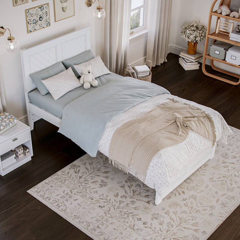  Jeinny Solid Wood Platform Bed with Matching Footboard, White, Twin
