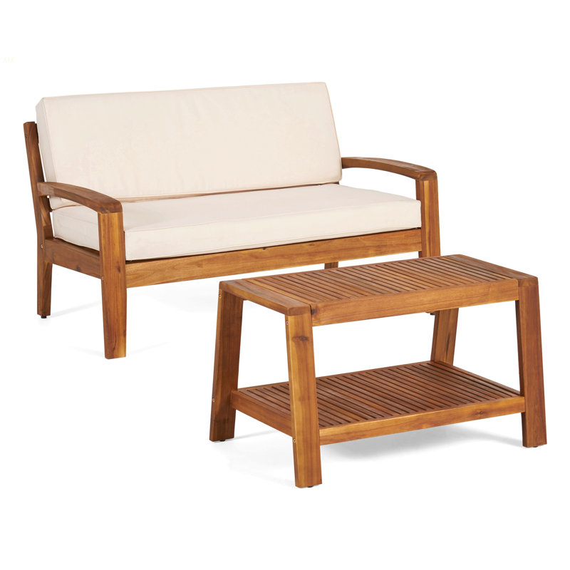 2-Piece Outdoor Acacia Wood Conversation Set - Loveseat & Coffee Table With Water-Resistant Cushions, 350Lbs Capacity For Patio, Deck & Backyard