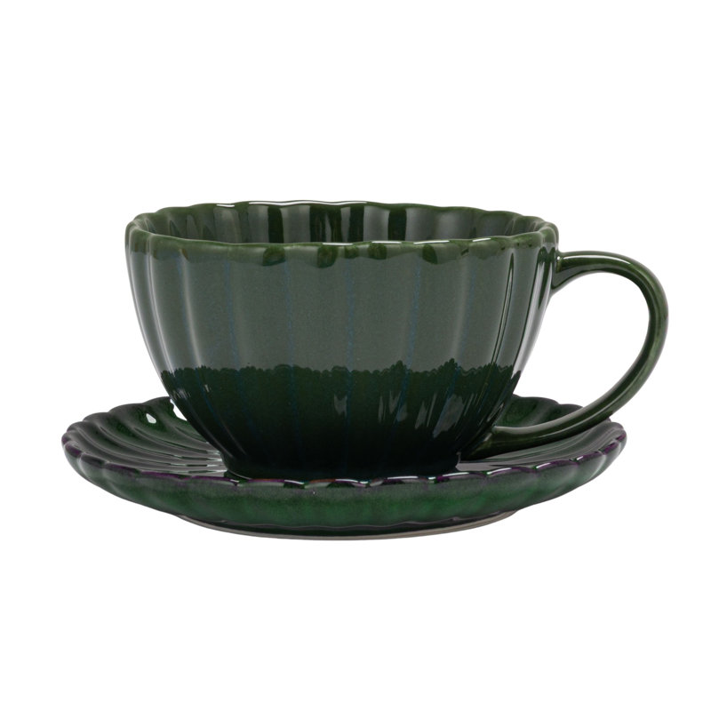 Tasse en grès nervuré avec soucoupe en glacis réactif, Vert