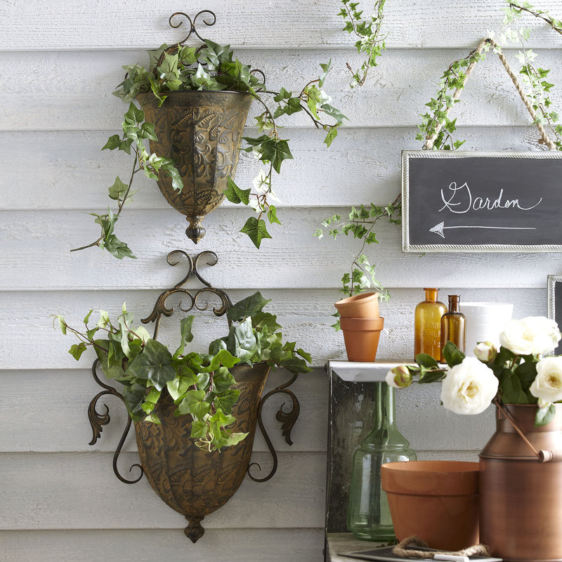 Antique Copper Scrollwork Iron Wall Planters Set of 2