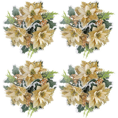 4 pièces anneaux de bougie de Noël artificiels anneaux de bougie de poinsettia 9 po de diamètre mini bougeoirs de Noël bougies de poinsettia en or rouge pour décoration de table de fête de mariage de Noël