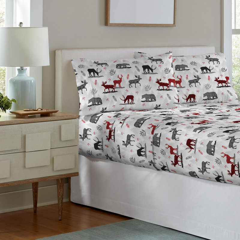 Pointehaven 180 GSM Printed Flannel 100% Cotton Deep Pocket Sheet Set, Queen Sheet Set with 2 Pillowcases, Northwoods