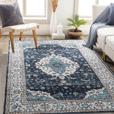 Ylfa Machine Woven Polyester Oriental Machine Washable Blue 5' X 8’ Area Rug