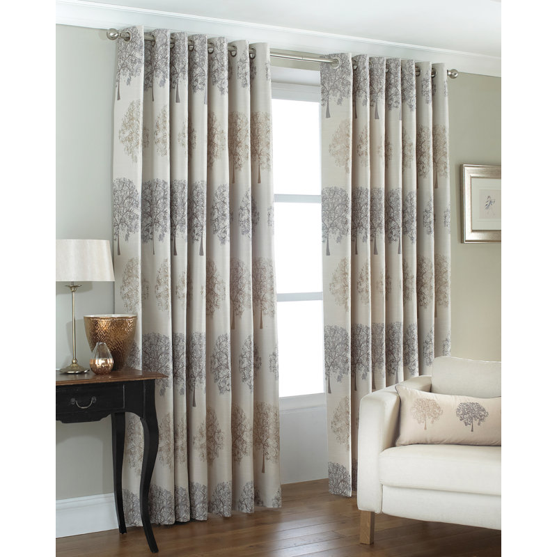  Jacquard Tree Eyelet Curtains, Silver/Cream, 229 W x 137 D cm