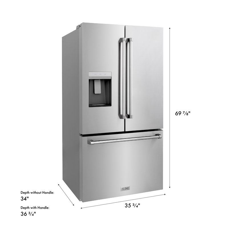 Zline 36 In. 28.9 Cu. Ft. Standard-depth French Door External Water Dispenser Refrigerator With Dual Ice Maker In Fingerprint Resistant Stainless Steel