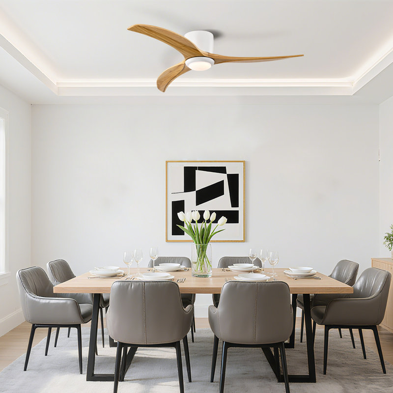 Parzy 52.04" Flush Mount Ceiling Fan Solid Wood Blades Ceiling Fan With Light With Remote Control, Natural, White