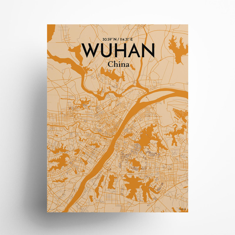 Carte de la ville de Whan, impression, H 24 po x l 18 po, Orange / or pâle