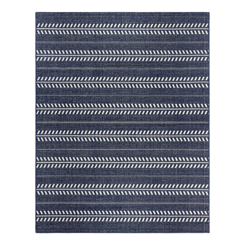 Solterra Vista Navy Blue Beige Cream Casual Botanical Stripe Flatweave Polypropylene Indoor/ Outdoor Area Rug