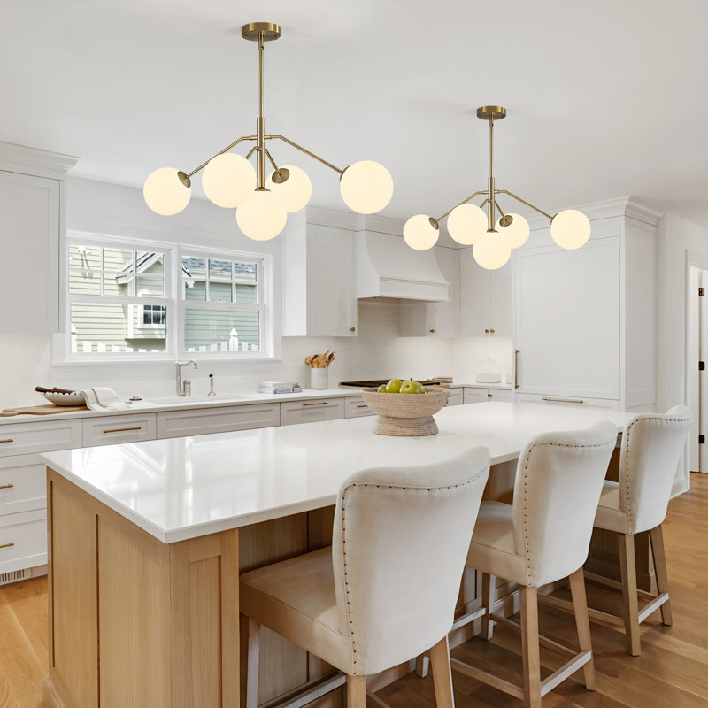 5- Light Modern Gold Sputnik Chandelier With White Glass Globe Shade For Kitchen Island Dining Room Living Room, Gold
