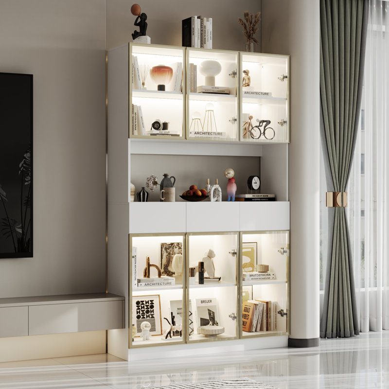 78.7'' H x 47.2'' W Bookcase With Glass Doors LED Lights Spacious Countertop, White