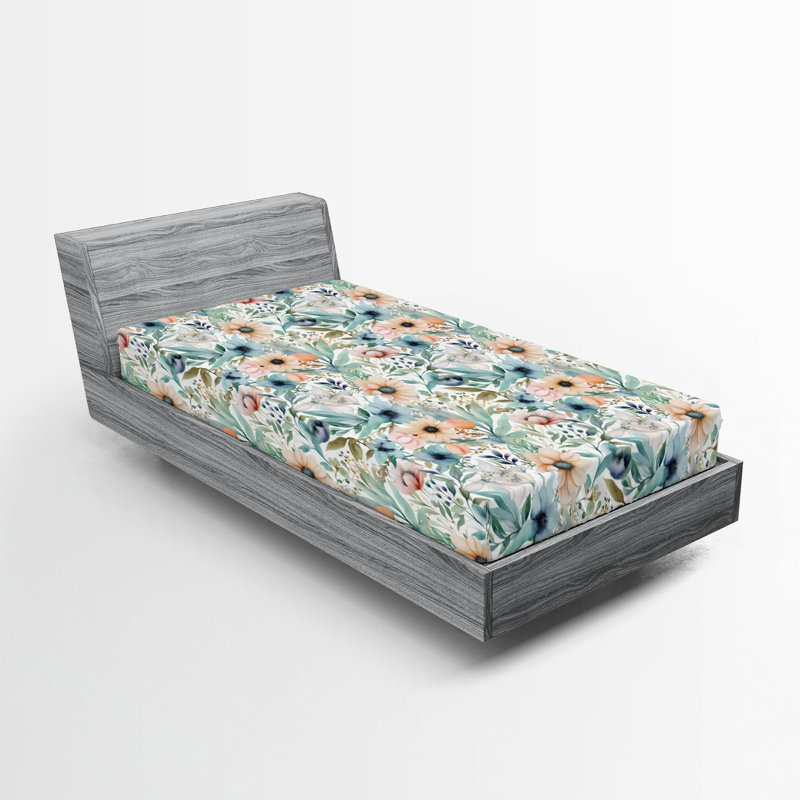 Drap-housse Ambesonne, Écume de mer, pêche, blanc / floral, Drap-housse pour lit simple TG