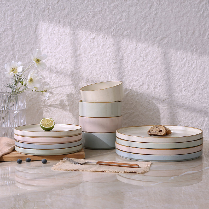  Nebula Plates And Bowls Sets, 12 Piece Dinnerware Sets, Multi-Colour with Brown Rim