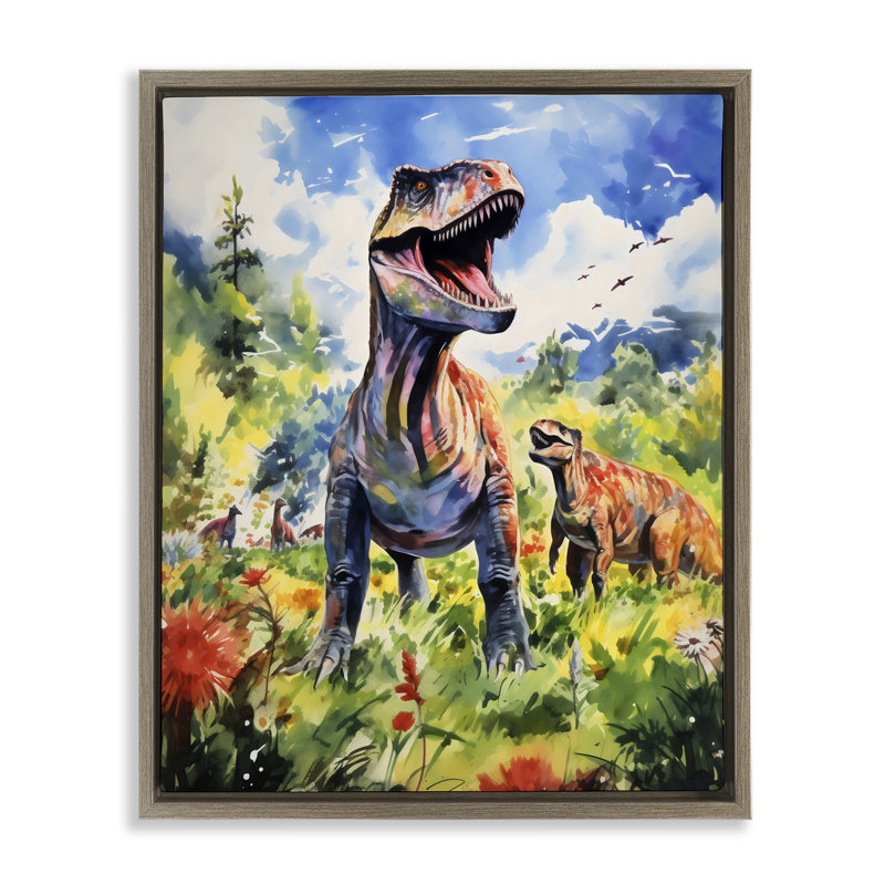 Dinosaurs In Natural Field Floating Frame, design by Creative Studio, Montalcino Elm Floater Frame, 31" H x 25" W